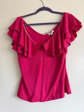 Unique Vintage Hot Pink Ruffle Sleeve Scoop Neck Top